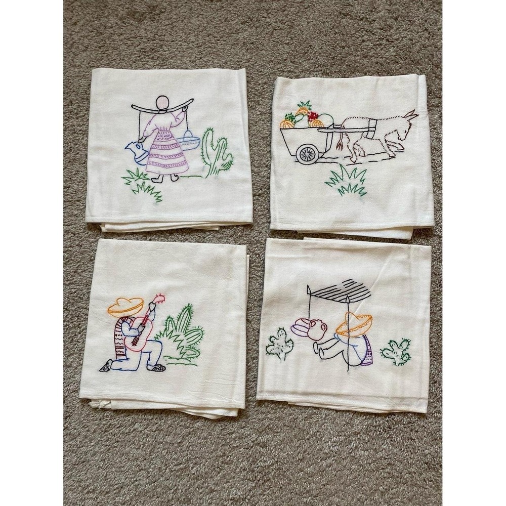 Vintage Embroidered Kitchen Towels Lot Of 4 28 x 38 Handmade Spanish k4